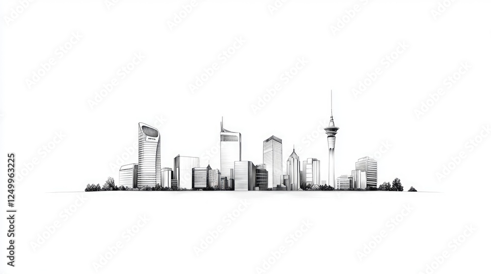 Minimalistic skyline illustration showcasing modern architecture against a white backdrop Minimalistic skyline illustration showcasing modern architecture against a white backdrop