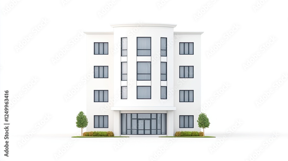 Modern white building with large glass entrance and symmetrical design, surrounded by greenery Modern white building with large glass entrance and symmetrical design, surrounded by greenery