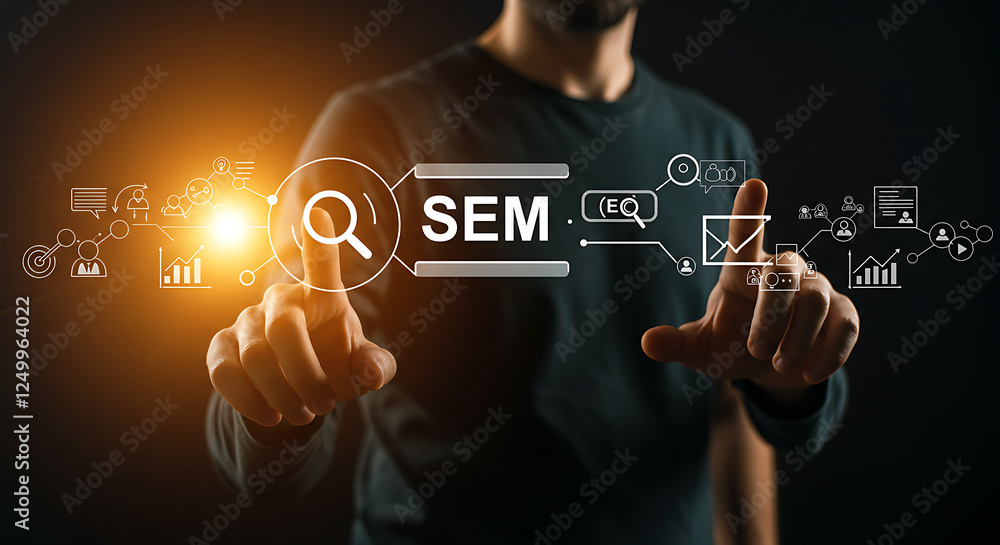 Businessman Interacting With Sem Interface On Dark Background Businessman Interacting With Sem Interface On Dark Background