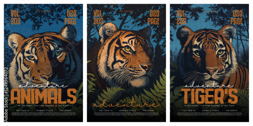 Tiger. Set of vector posters with tiger. Background images for cover, magazine, banner, poster