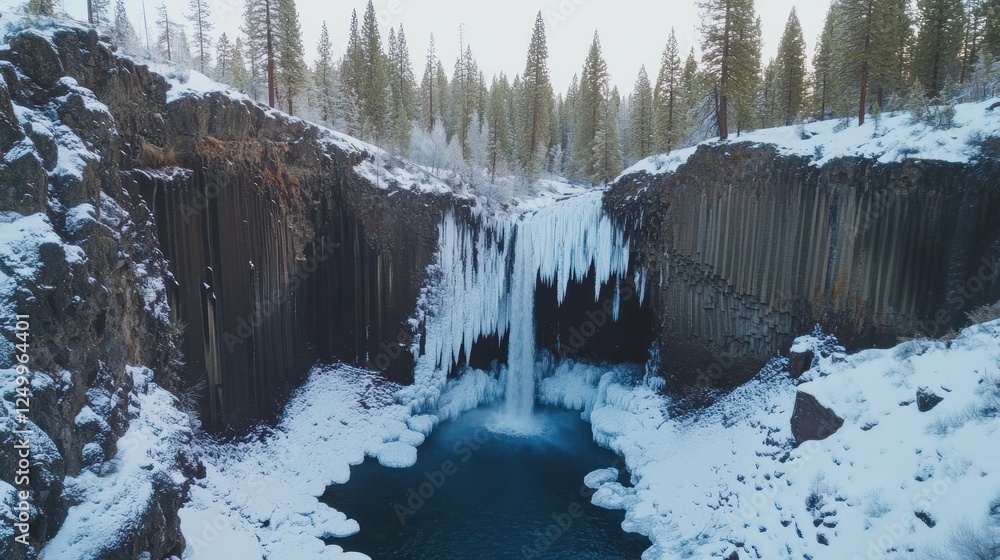 Fototapeta premium Frozen Waterfall Cascading Down Columnar Basalt Cliffs