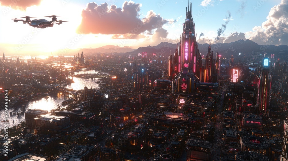 Naklejka premium Futuristic Cityscape Drone View At Sunset