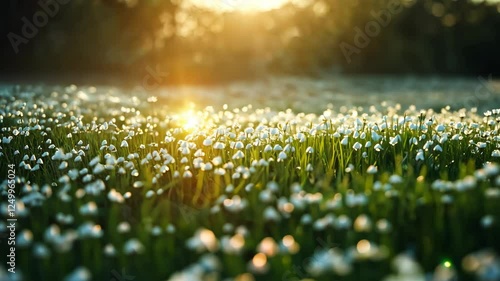 Golden sunlight illuminates a field of blossoming flowers during early morning in a serene natural setting