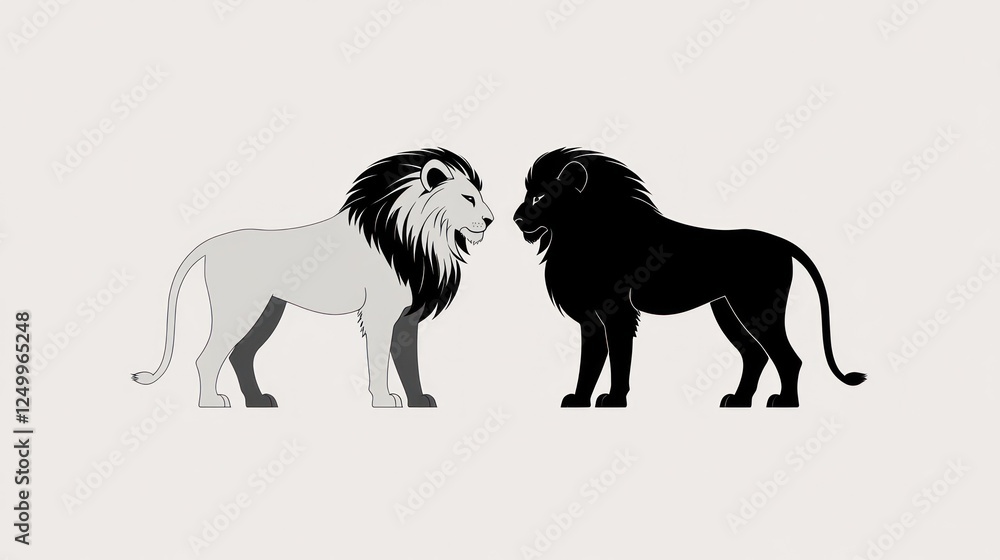 Two lions facing, wildlife, gray background, design Two lions facing, wildlife, gray background, design