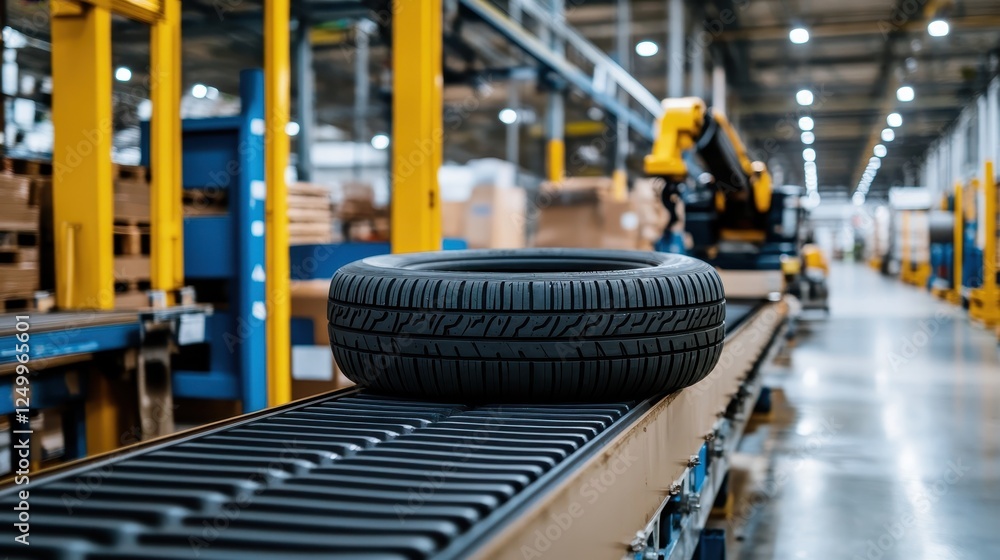 Industrial Scene of Tire on Conveyor Belt in Modern Manufacturing Facility Industrial Scene of Tire on Conveyor Belt in Modern Manufacturing Facility