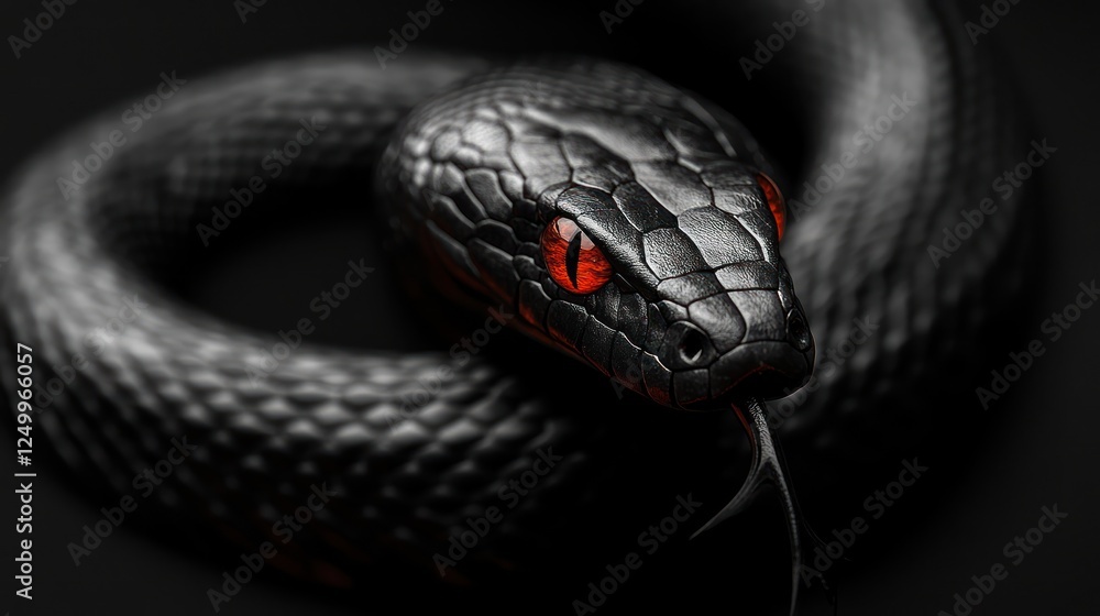 Fototapeta premium Black snake coiled, red eyes, dark background, danger (1)