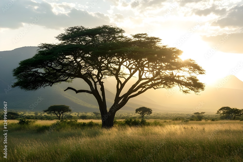 Obraz premium The beauty of the savannah, depicting a large tree standing majestically in a vast field, with towering mountains as a backdrop, depicting the harmony of nature