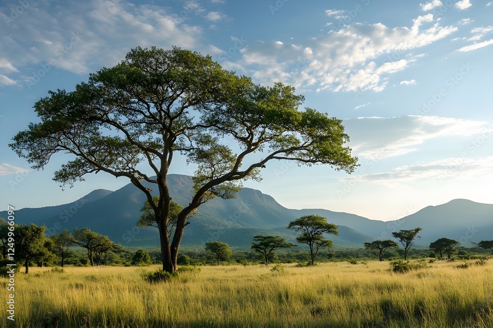 Obraz premium The beauty of the savannah, depicting a large tree standing majestically in a vast field, with towering mountains as a backdrop, depicting the harmony of nature