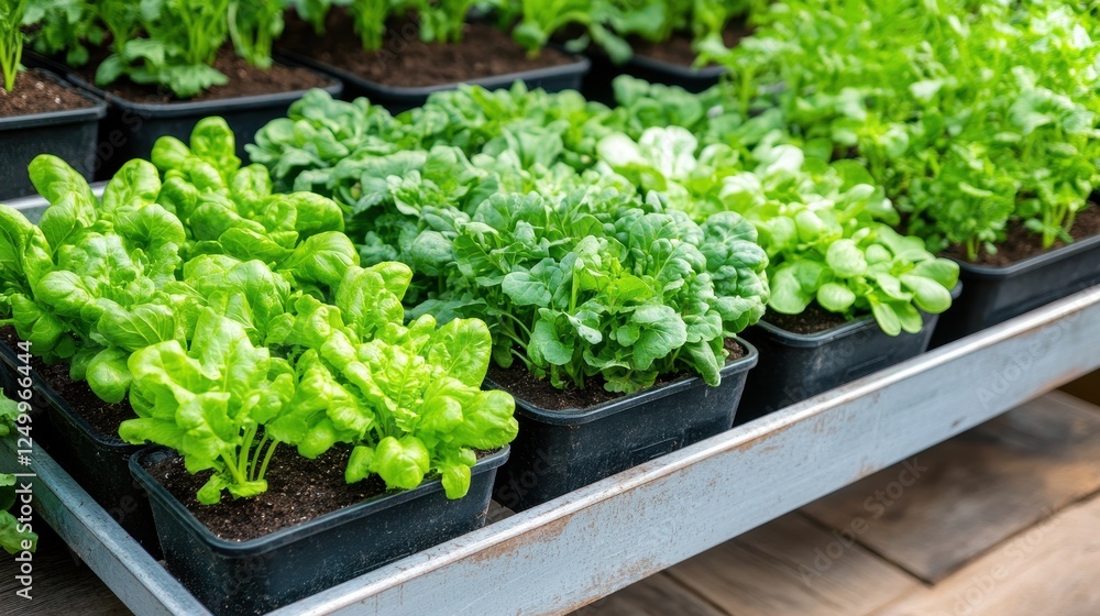 Fresh Green Leafy Vegetables in Seedling Trays on Wooden Surface at Garden Center or Market Fresh Green Leafy Vegetables in Seedling Trays on Wooden Surface at Garden Center or Market