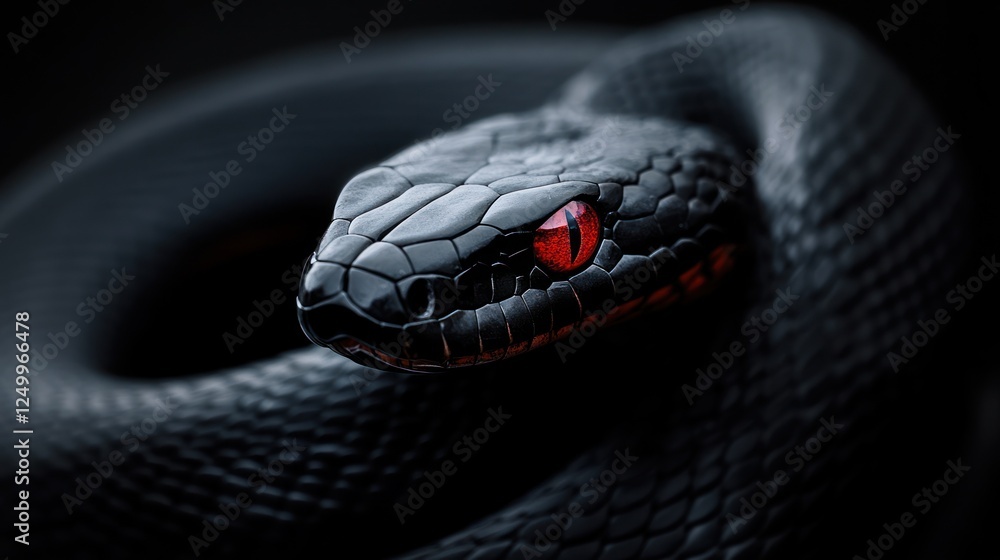 Fototapeta premium Black snake coiled, red eyes, dark background, danger, wildlife photography