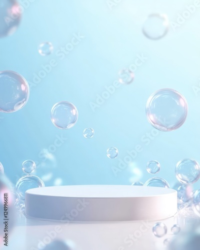 White podium surrounded by transparent bubbles on a blue backdrop