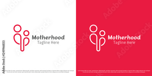 Motherhood logo design illustration. Silhouette of mother character child maternal health care charity parent feel affection caregiver. Geometric minimal linear simple vector icon symbol.