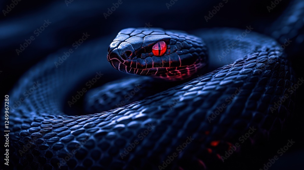 Fototapeta premium Dark snake coiled, night scene, red eyes, danger