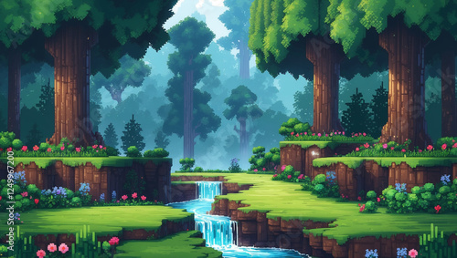 デジタル絵画は、穏やかなマインクラフト風の森を描いています。青々とした木々が生い茂り、穏やかに流れる川と滝が広がっています。