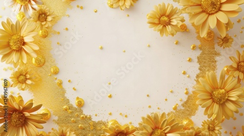 Bright Yellow Daisies and Glitter on White Background for Spring Decor