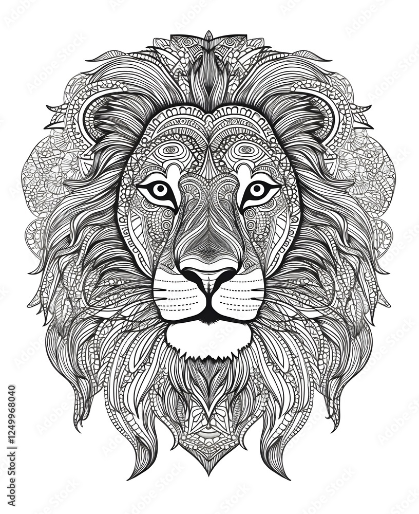 Intricate Mandala Lion Line Art Design on White Background Intricate Mandala Lion Line Art Design on White Background