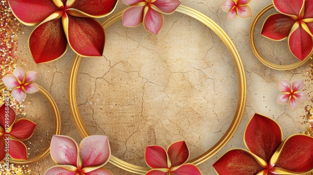 Elegant Floral Frame with Red Petals and Golden Circles on Canvas Elegant Floral Frame with Red Petals and Golden Circles on Canvas