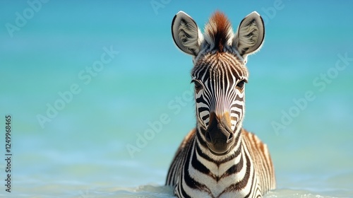 Young zebra calmly floats in the tranquil turquoise water