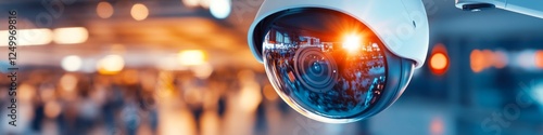 Close-up of a security camera lens reflecting a blurred, brightly lit interior space. photo