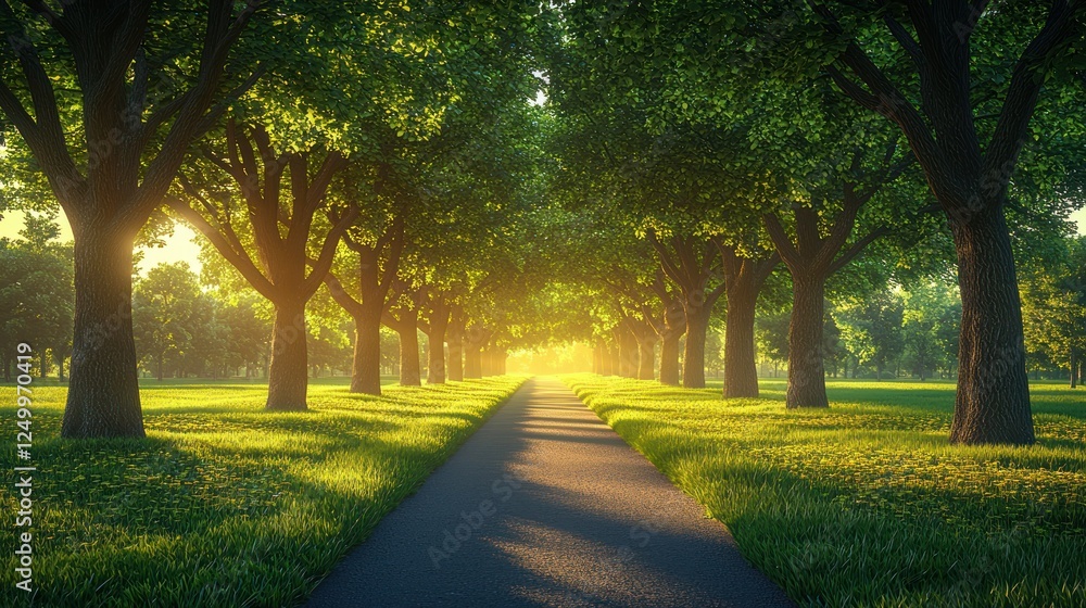 Obraz premium Sunlit Pathway Through Lush Green Tree Lined Avenue