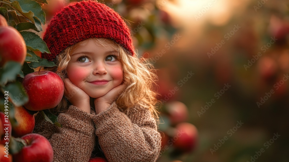A cheerful child in a red hat smiles among apple trees during harvest season. A cheerful child in a red hat smiles among apple trees during harvest season.