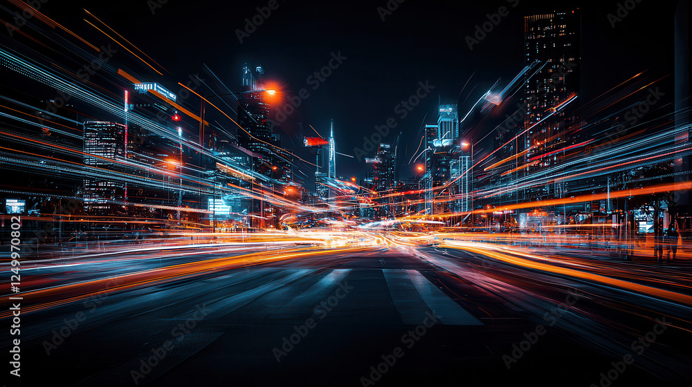 Obraz premium Futuristic cityscape at night with vibrant light trails and skyscrapers