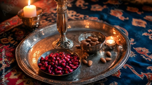 pomegranate, almonds, tray, candlelight, nowruz, festive, celebration, tradition, culture, silver, fabric, warmth, richness, luxury, elegance, decoration, holiday, gathering, family, heritage, symboli photo