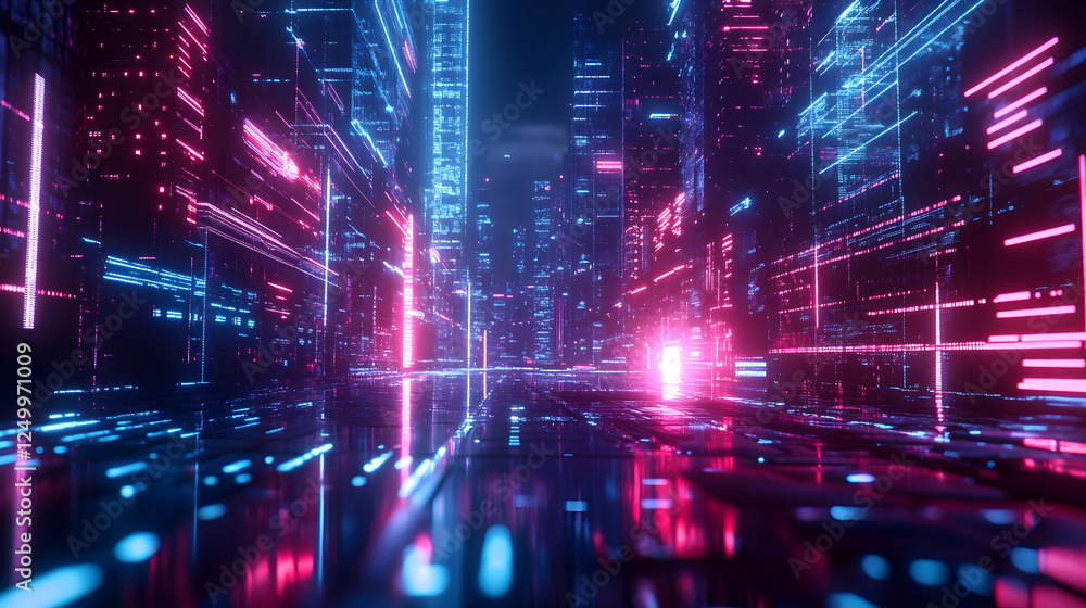 Futuristic cityscape with vibrant neon lights and digital skyscrapers Futuristic cityscape with vibrant neon lights and digital skyscrapers