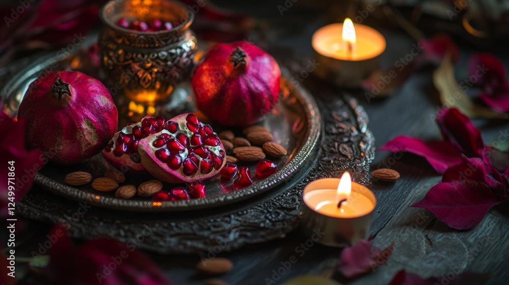 Obraz premium pomegranate, almonds, tray, candlelight, nowruz, festive, celebration, tradition, culture, silver, fabric, warmth, richness, luxury, elegance, decoration, holiday, gathering, family, heritage, symboli