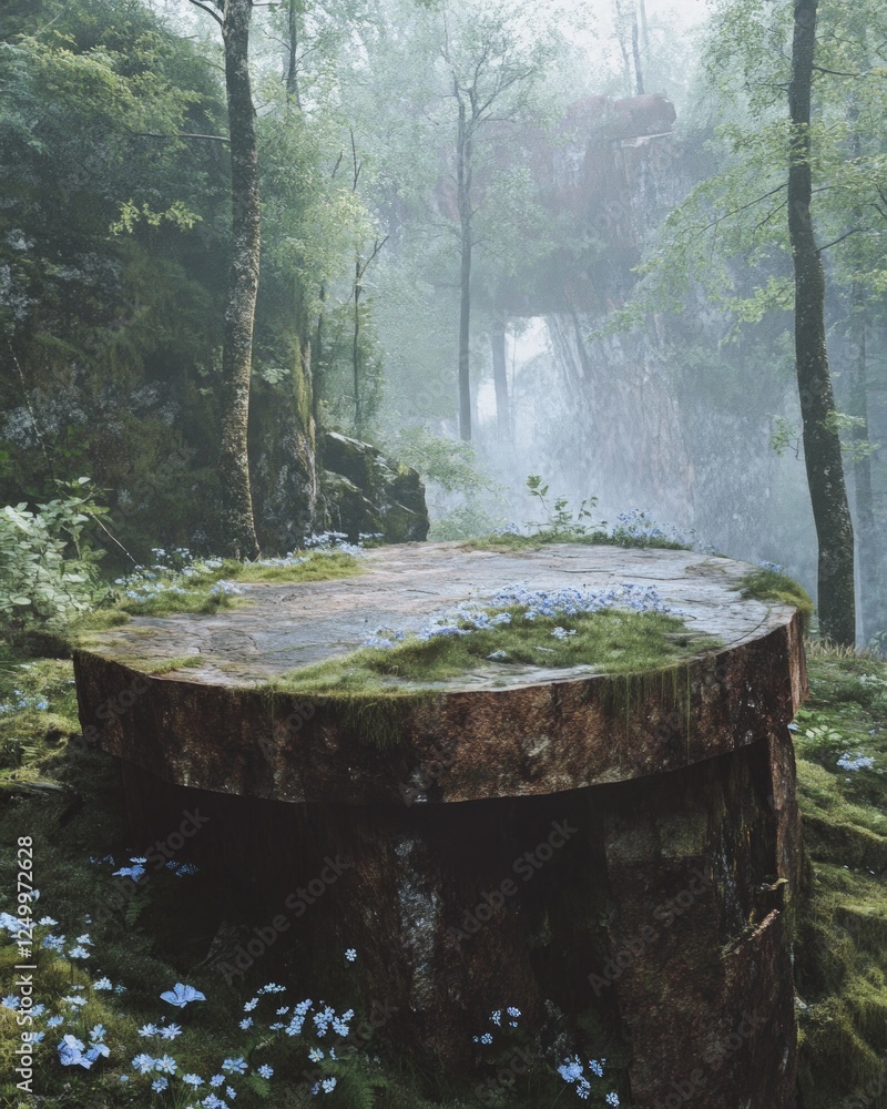A mossy tree stump platform in a misty forest