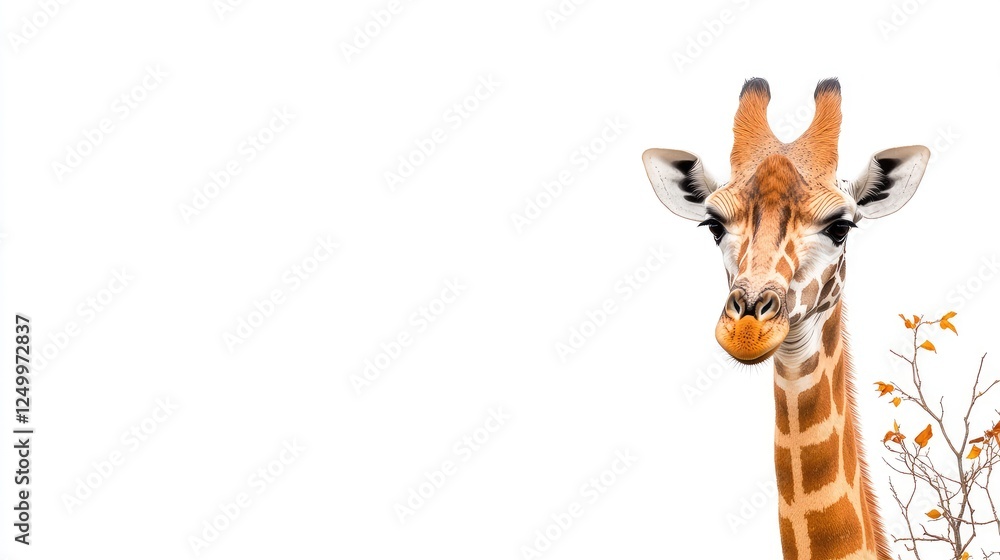 Fototapeta premium Close-up of a giraffe's head with a minimalist background featuring orange flowers