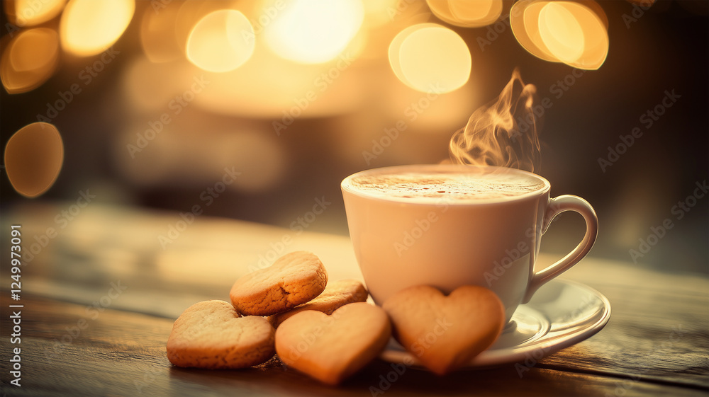 Obraz premium カフェのテーブルに並ぶハート型クッキーとコーヒーが伝える温かな日常