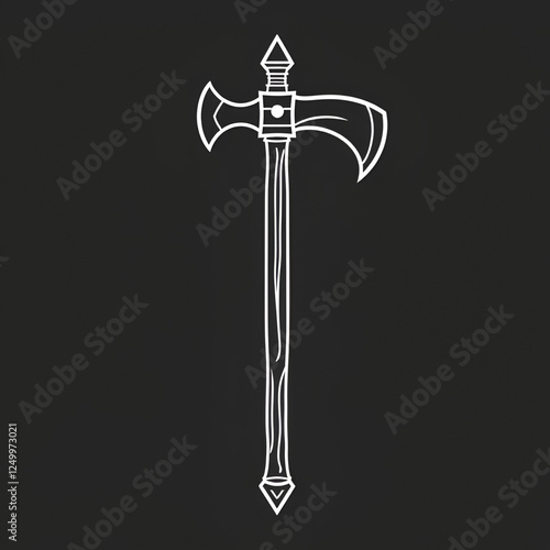 White line Medieval poleaxe icon isolated on black background. Vector photo