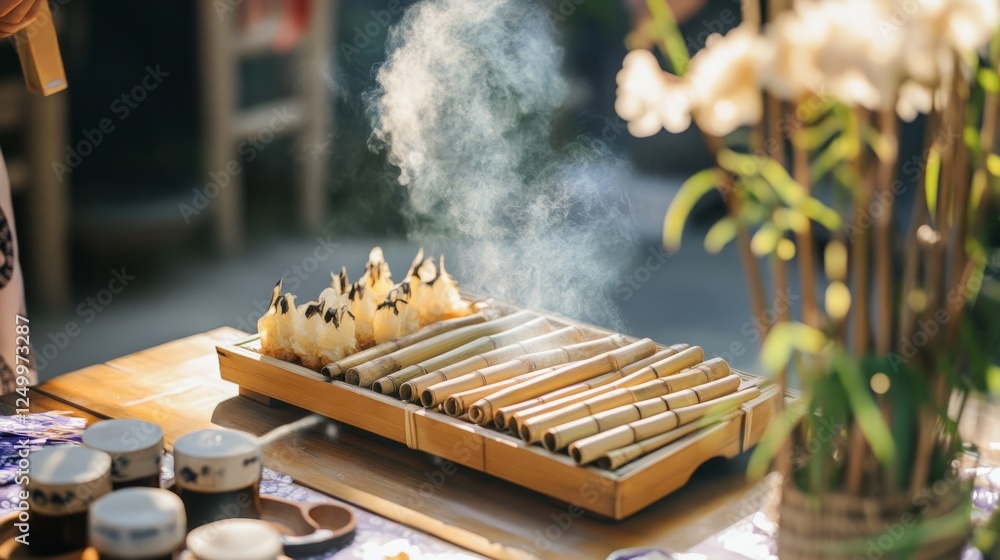 qingming, bamboo, tray, festival, tradition, food, Traditional rice cakes on bamboo tray, cherry blossoms in soft focus, warm golden light, rich colors qingming, bamboo, tray, festival, tradition, food, Traditional rice cakes on bamboo tray, cherry blossoms in soft focus, warm golden light, rich colors