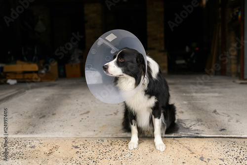 Border Collie dog wears after surgery cone collar to prevent from biting, licking, scratching.