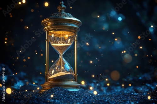 Ornate hourglass in mystical setting, sand glows. Perfect for concepts of time, magic, or fantasy.