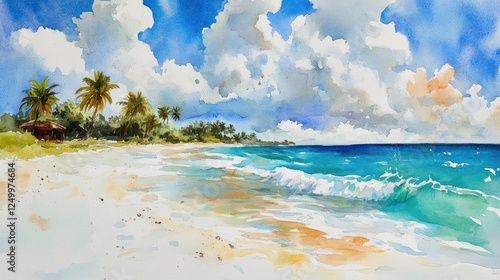 Tropical Paradise Watercolor Painting of a Serene Beach and Blue Sky
