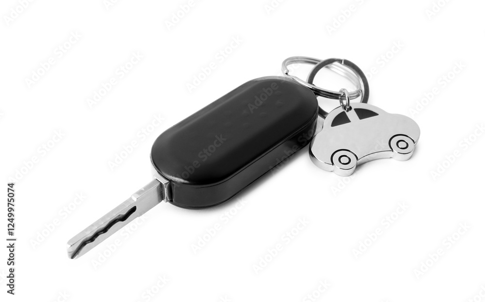 Car key with keychain isolated on white. Buying auto Car key with keychain isolated on white. Buying auto