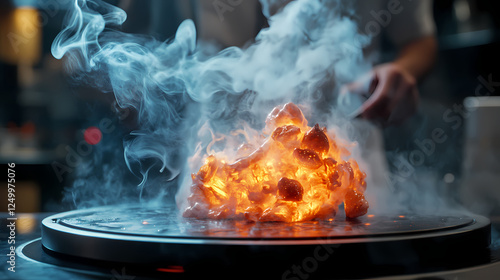 Fototapeta Naklejka Na Ścianę i Meble -  Molecular gastronomy bbq levitating grill food deconstructed into artistic smoke sculptures diners interact with augmented reality flavor profiles. Deconstructed Reality. Illustration