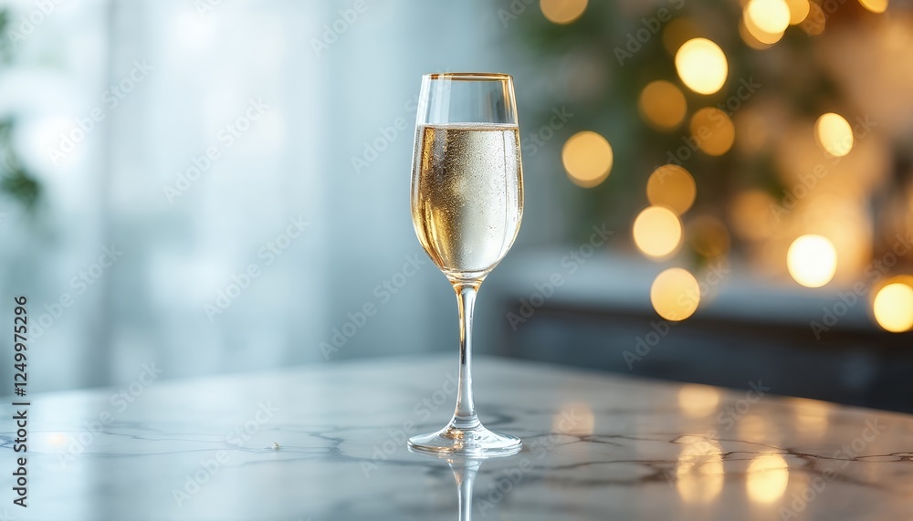 Sparkling Champagne Glass on Marble Table with Bokeh Lights Background Sparkling Champagne Glass on Marble Table with Bokeh Lights Background