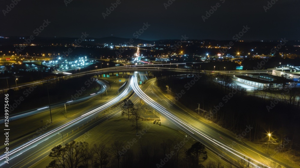 Fototapeta premium Aerial Drone Perspective of Intricate Highway Interchange Network in Urban Area Captured from Above Providing Bird's Eye View of Roadway Connectivity and Traffic Flow