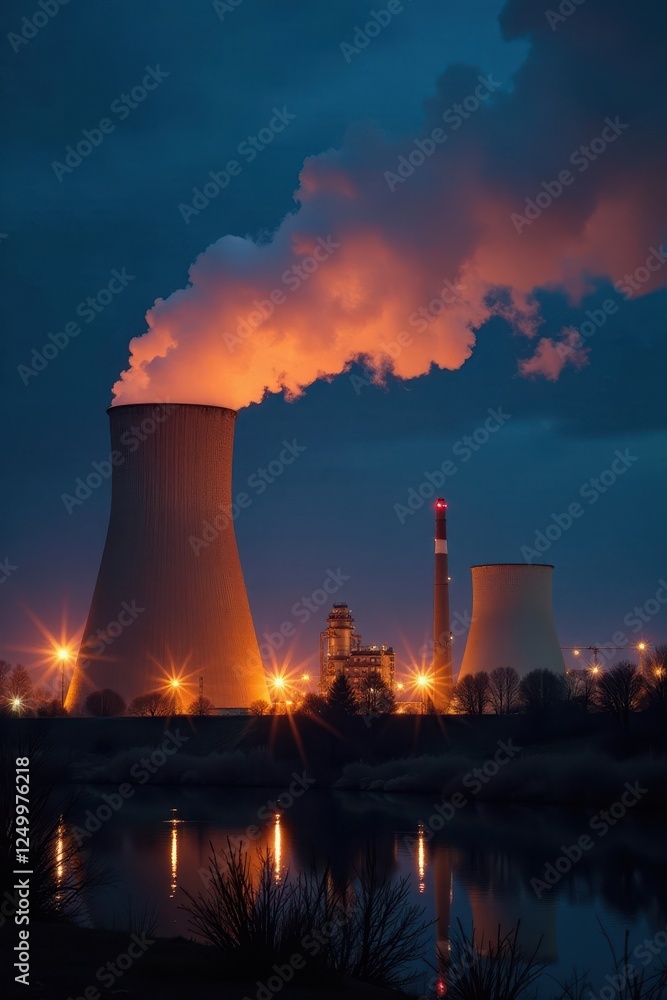 Illuminated power plant at night, steam rising, dark background, thermal power plant, power generation Illuminated power plant at night, steam rising, dark background, thermal power plant, power generation