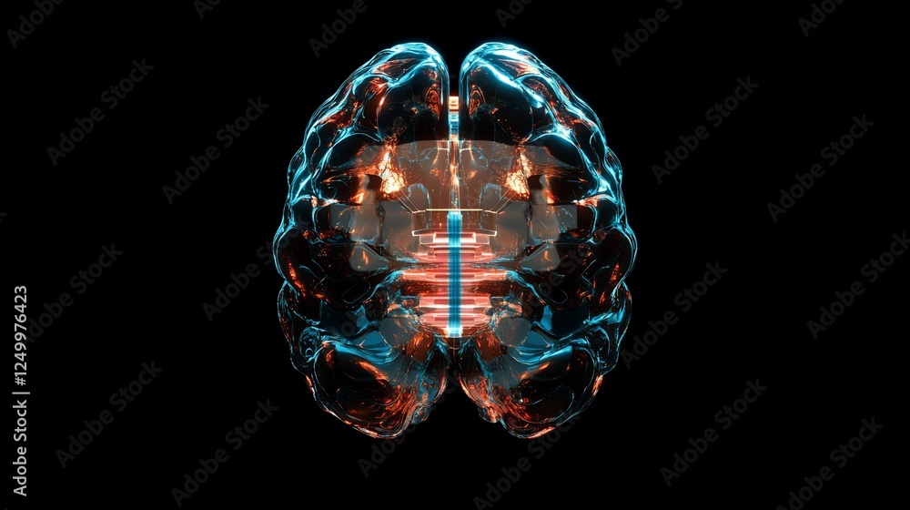 Abstract rendering of a human brain with glowing lines inside on a black background