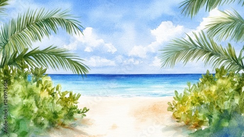 Watercolor Tropical Beach Paradise with Palm Trees and Blue Ocean View
