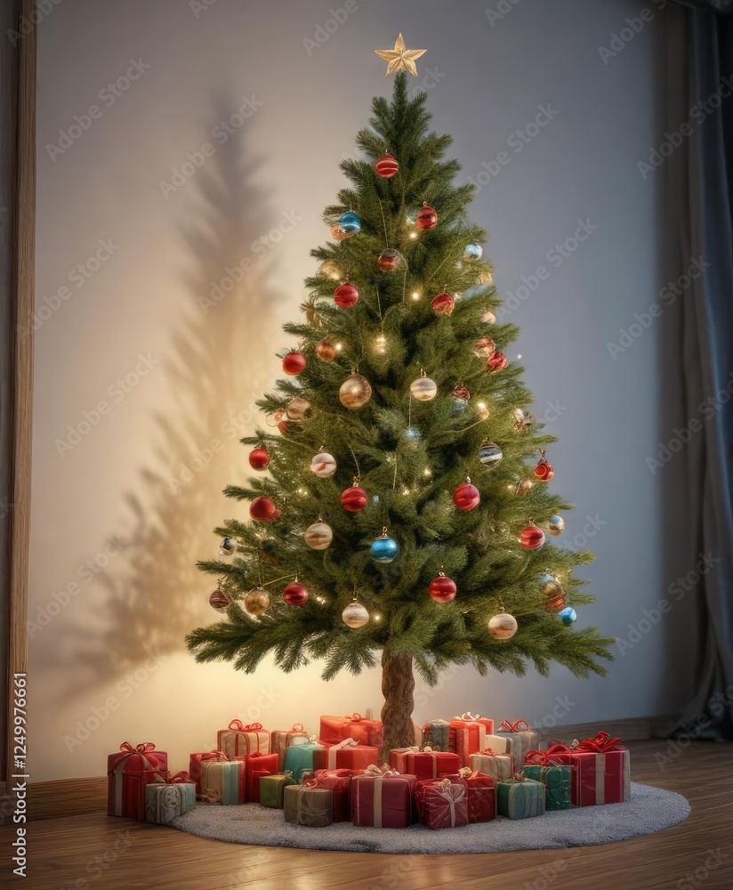 decorated pine Christmas tree with ornaments and lights, twinkling lights, festive decor decorated pine Christmas tree with ornaments and lights, twinkling lights, festive decor