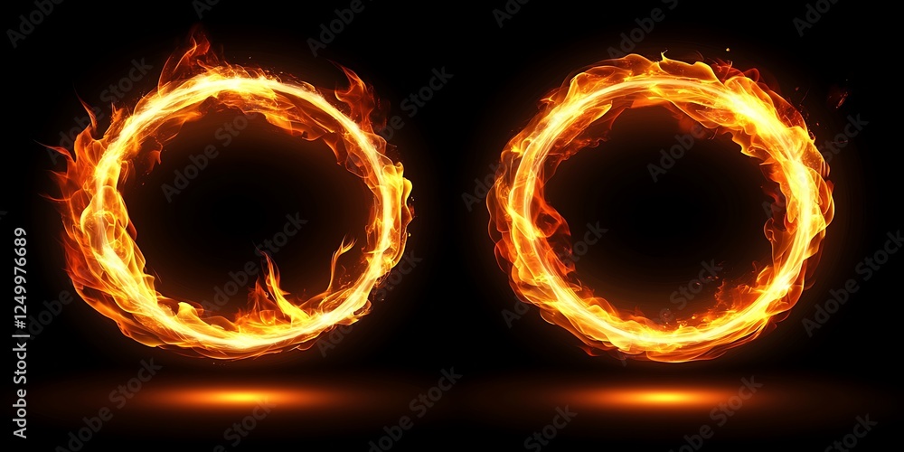 Fototapeta premium Two fiery rings on dark background, ideal for graphic design