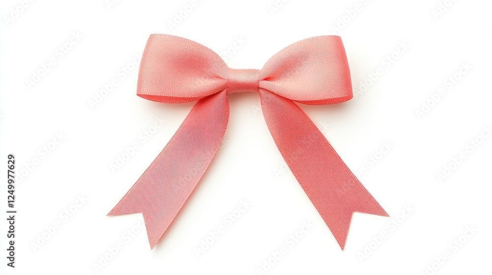 Delicate coral ribbon bow with flowing tails, isolated on a clean white background, ideal for gift wrapping Delicate coral ribbon bow with flowing tails, isolated on a clean white background, ideal for gift wrapping