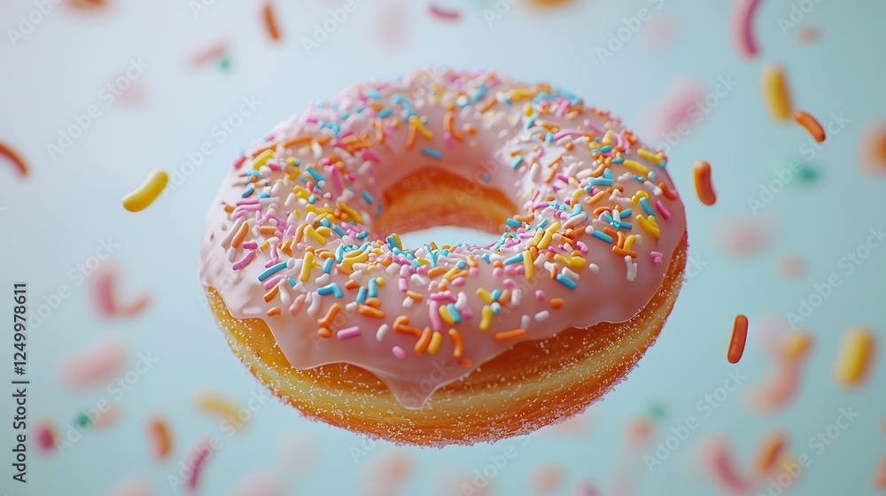 Pink Frosted Donut with Rainbow Sprinkles Levitating Pink Frosted Donut with Rainbow Sprinkles Levitating