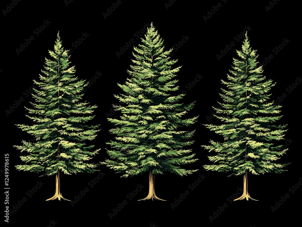 Obraz premium Three illustrated fir trees against black background
