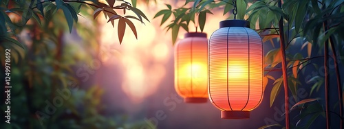 Sunset lanterns in a lush garden photo